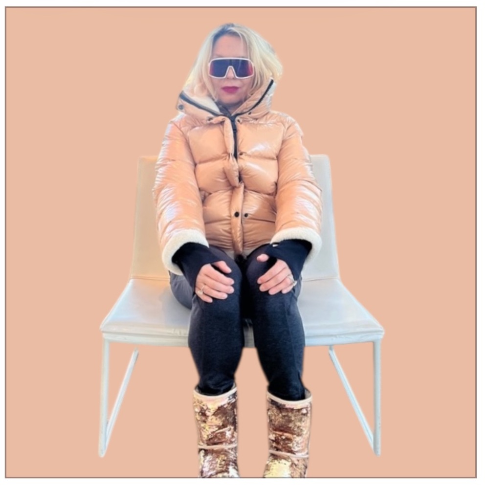 SAM. Shiny Beige Puffer Jacket With Shearling Trim Warm Down Wind & Waterproof